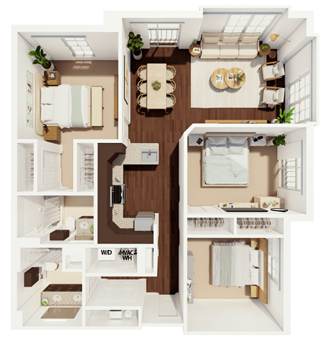 Floor plan for 3 beds, 2 baths, 1245 sqft